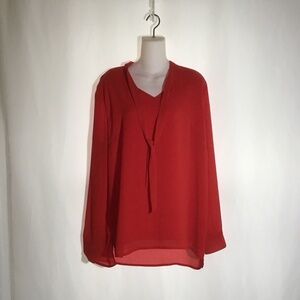 Red Sheer Lined Long Sleeve Tunic Business Professional Blouse with Neck Ties XL